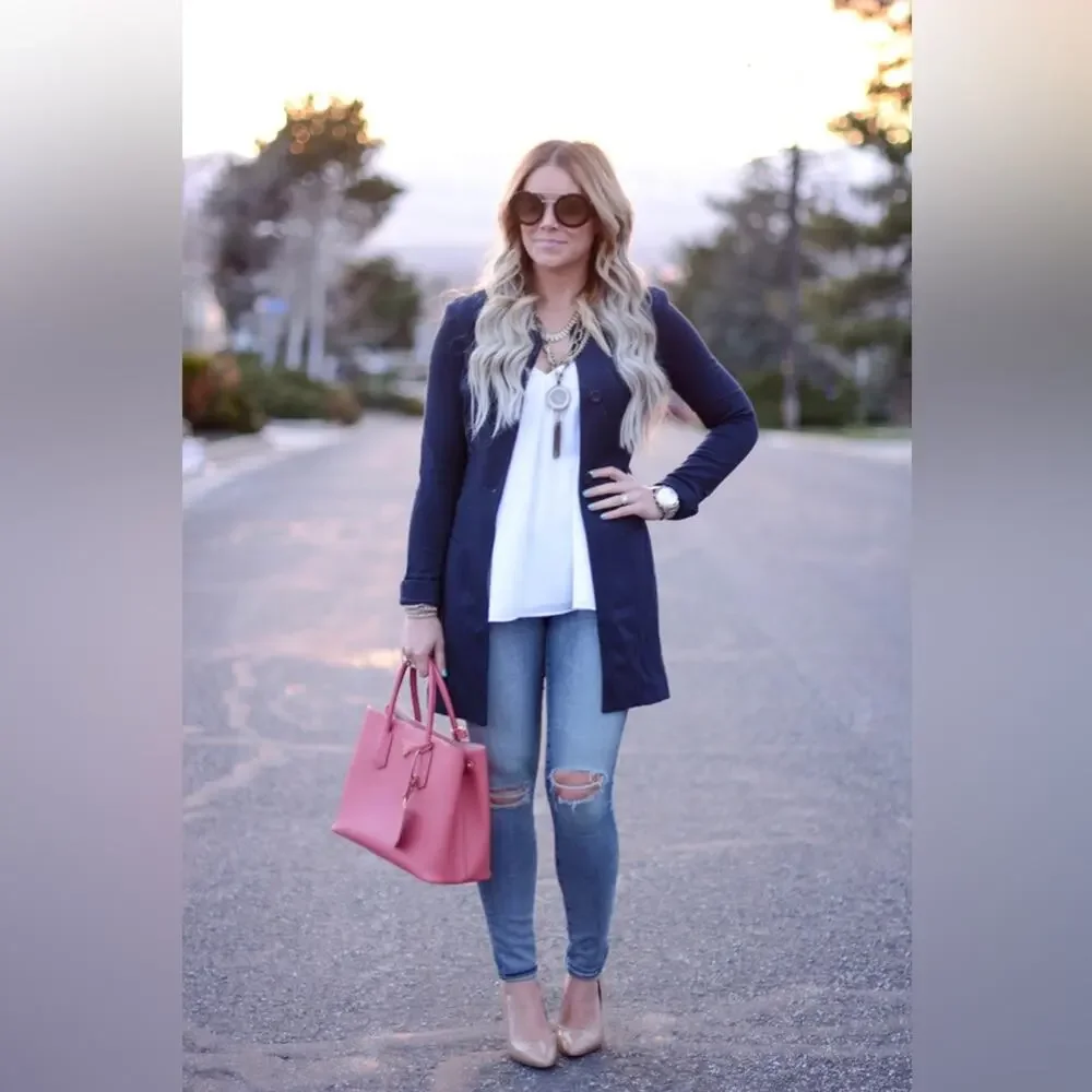 CABi Lido Thick Ponte Knit Longline Button Front Cardigan Navy‎ BlazerJacket sm